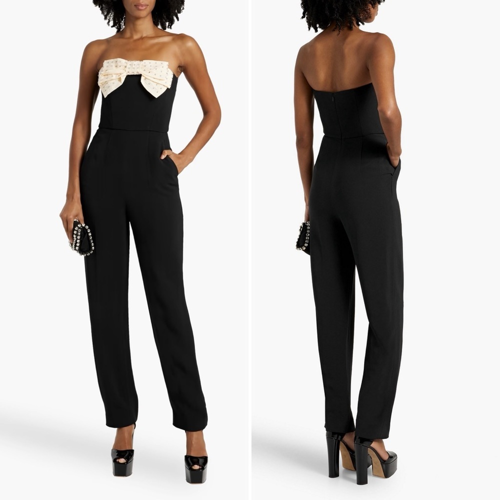 Saloni Sabine Strapless Bow Jumpsuit Black Ivory US 4 NWOT - Picture 3 of 16